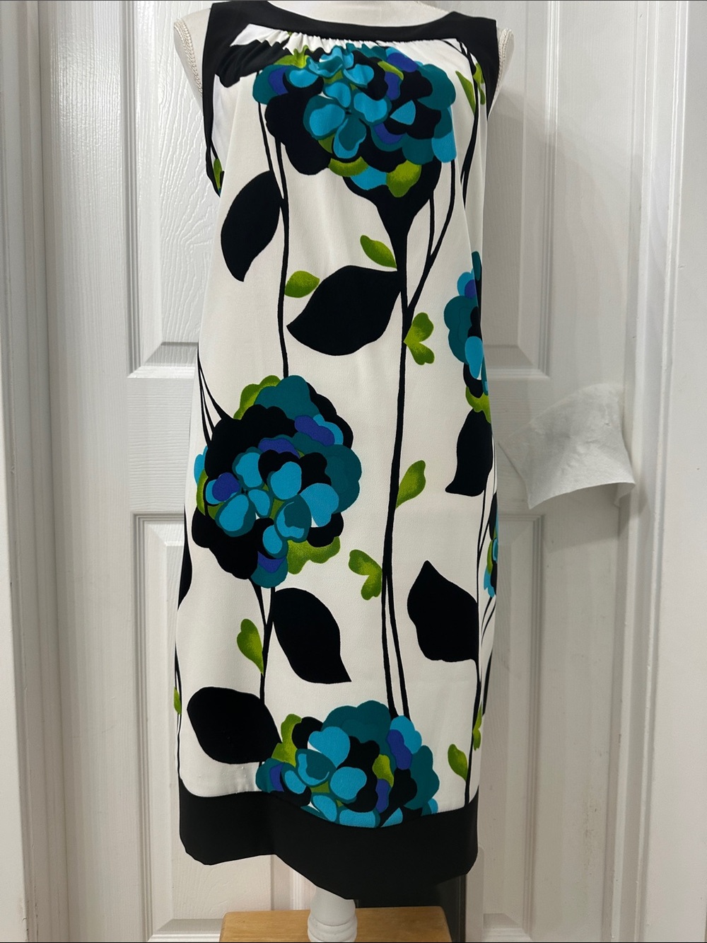 Alyx White Sleeveless Midi Dress with Teal, Blue, Black & Green Floral Motif